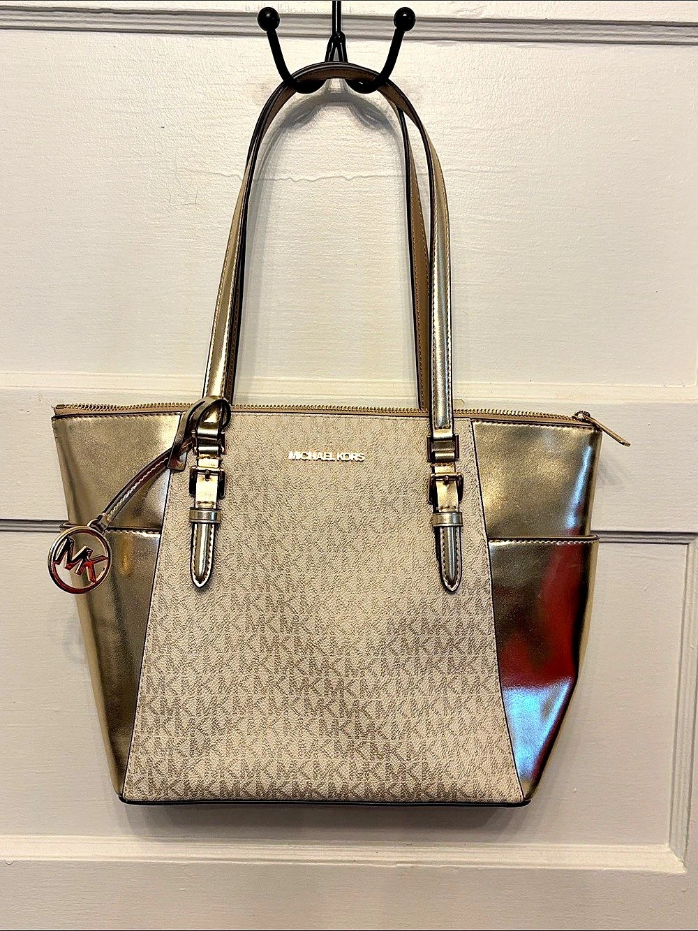 Michael Kors Jet Set Medium Metallic Signature Logo Pocket Tote Bag